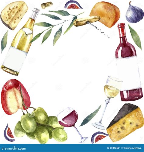 Watercolor Wine And Cheese Frame Stock Vector Illustration Of Sheese