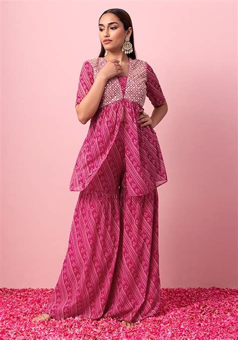 Buy Women Pink Floral Stripe Print Sharara And Embroidered Kurta Set