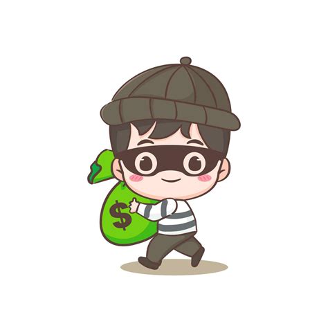 Cute thief stealing money cartoon character. Robber concept design