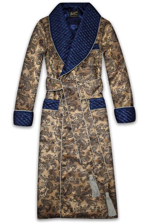 Gold And Navy Paisley Mens Dressing Gown Silk Smoking Jacket Robe