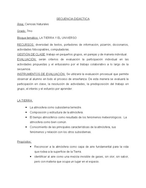 Secuencia Didáctica La Atmosfera 7mo Secuencia DidÁctica Área Ciencias Naturales Grado 7mo