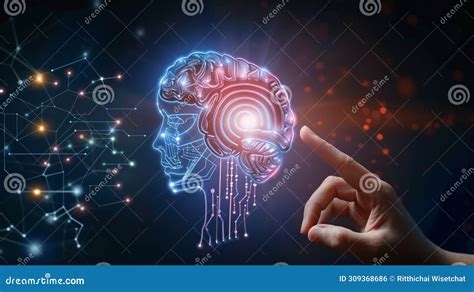 Human Hand Touching A Holographic Brain Interfacing With A Robotic Arm