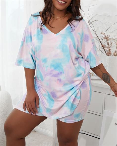 Plus Size Tie Dye Print V Neck Slit Pajamas Set