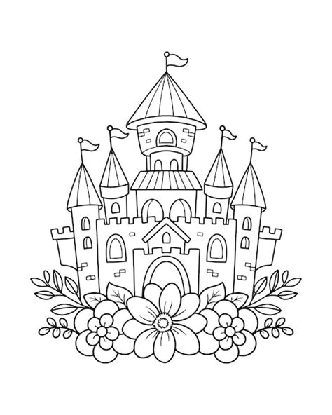 Castillo imprimible con flores para colorear ilustración Vector Premium