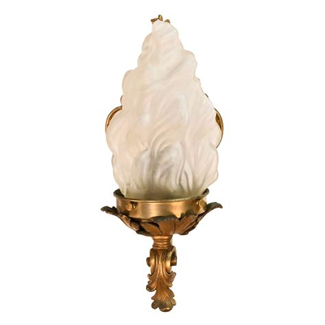 Early Rococo Brass Sconces With Frosted Flame Shade ARCHITECTURAL