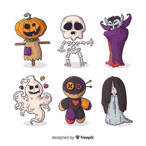 Colección de personajes de monstruos de halloween dibujados a mano