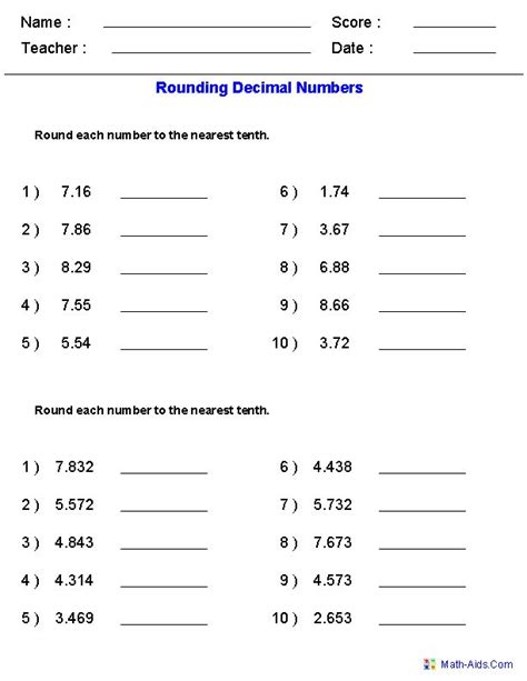 Decimals Worksheet 7th Grade