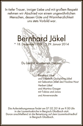 Traueranzeigen von Bernhard Jäkel WirTrauern