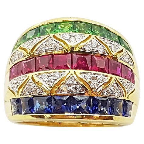 Ruby With Tsavorite And Diamond Ring Set In 18 Karat White Gold