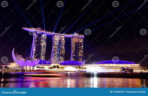 Singapore Cityscape At Night With Laser Show Editorial Stock Image