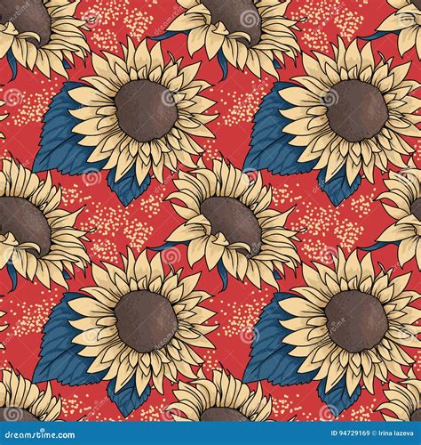 Seamless Pattern With Sketch Style Sunflowers Stock Vector