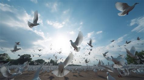 Premium Photo White Pigeons Flying In The Bright Sky Set