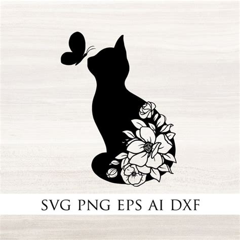 Cat With Flowers Svg Floral Cat Svg Cat Black Silhouette Etsy