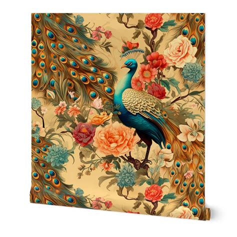 Beautiful Teal Peacock on Gold Wallpaper | Spoonflower