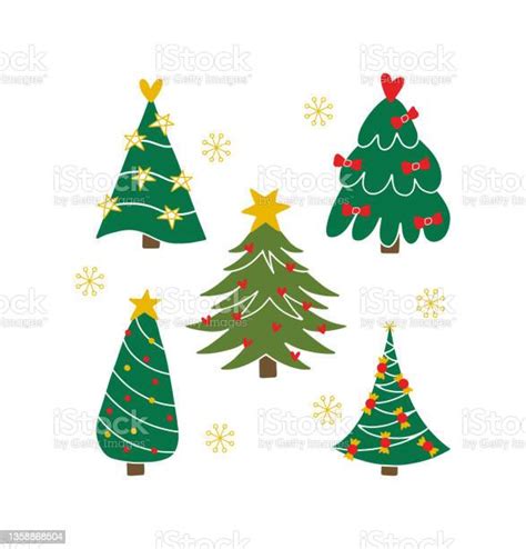 Set Of Christmas Trees Pines Modern Hand Drawn Style Winter Holidays Symbols Stock Illustration