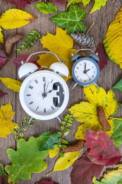 Fall Back Time Change .Vintage Clocks On Autumn Leaves Background Stock ...