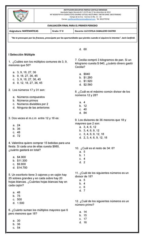 Examen Segundo Periodo Matematicas Quinto Grado Ie Panfilo Cantillo