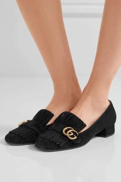 Gucci Marmont Fringed Logo Embellished Suede Loafers In Black Modesens