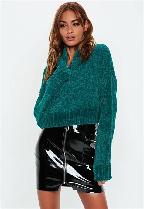 Teal Chenille Cropped Jumper Mini Dress With Sleeves Sweaters For Women Sweater Collection