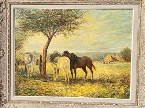 Tableau Ancien Sign E Paysage Anim Es Chevaux Peinture Huile Sur