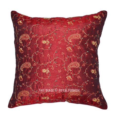 Red Indian Floral Embroidered Decorative Silk Throw Pillow Case