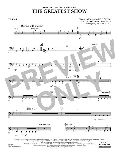 The Greatest Show Arr Paul Murtha Timpani By Pasek Paul Sheet