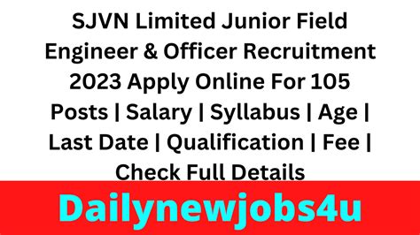 Sjvn Limited Junior Field Engineer Officer Recruitment Apply