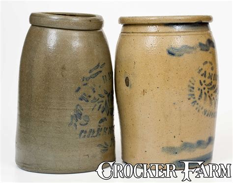 Two Cobalt Stenciled Greensboro Pa Stoneware Jars Lot 371 Fall