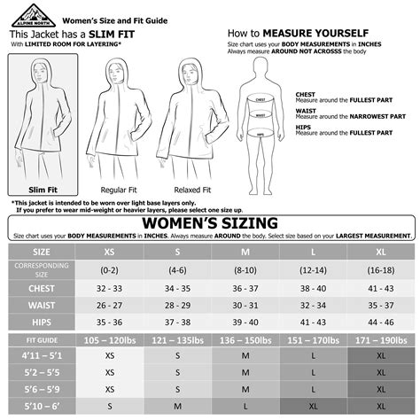 Size Chart Women S Slim Fit Alpine North Ca