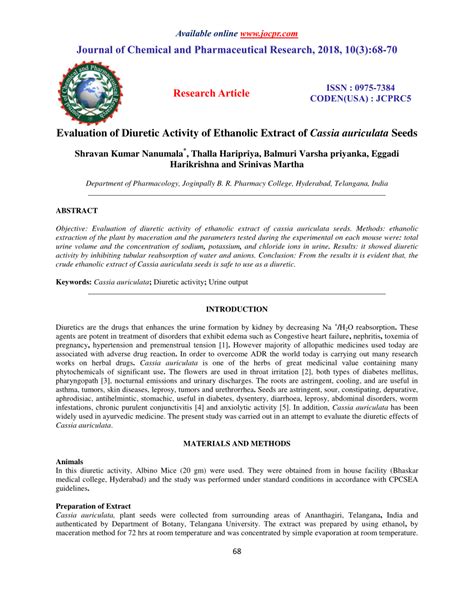 Pdf Evaluation Of Diuretic Activity Of Ethanolic Extract Of Cassia