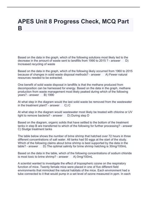 APES Unit 8 Progress Check, MCQ Part B Questions with correct Answers