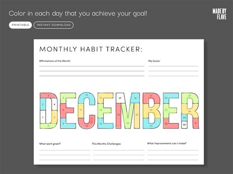 December Habit Tracker Coloring Sheet Printable Month Fitness Tracker