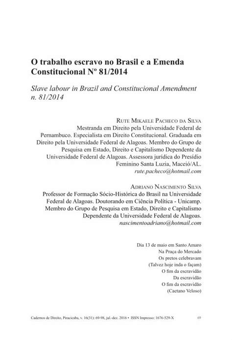 Pdf O Trabalho Escravo No Brasil E A Emenda Constitucional N O