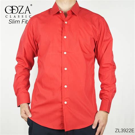 Jual Odza Classic Kemeja Pria Merah Polos Casual Formal Slim Fit