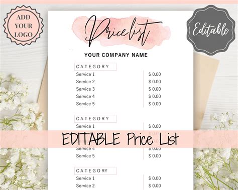 Editable PRICE LIST Template Printable Price Sheet Price Etsy