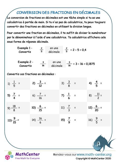 Eme Fiches De Travail Conversion De Fraction Math Center