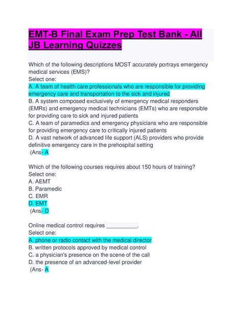 Emt B Final Exam Prep Test Bank All Jb Learning Quizzes Questions