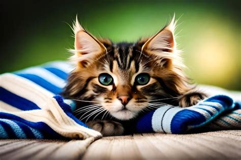 Premium Ai Image Cute Kitten With Striped Fur Sleeping On Blanket