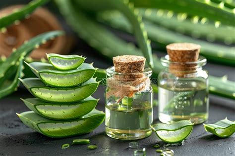 Cosmetic Essence from the Aloe Vera Plant, Bottles with Essence Next To ...