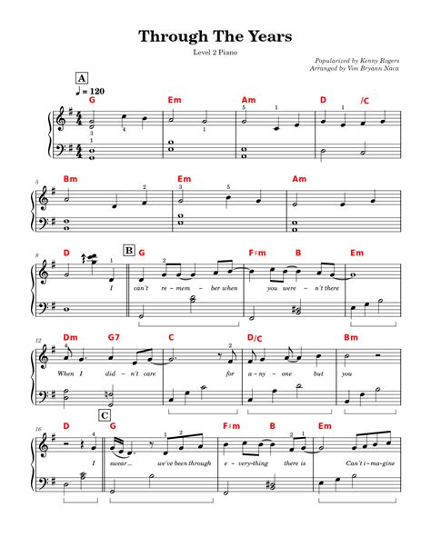 Through The Years Kenny Rogers Level 2 Piano Sheet Music For Piano