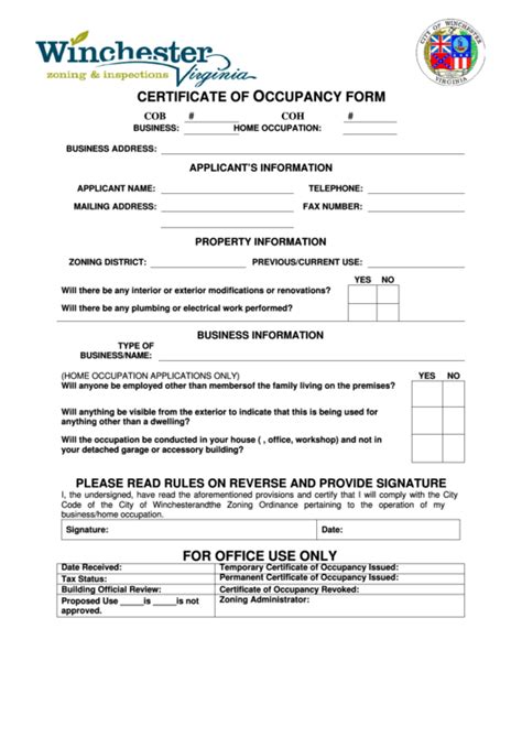 Certificate Of Occupancy Form Printable Pdf Download