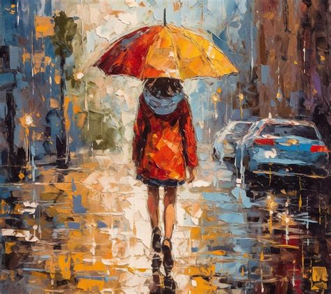 Premium Photo | A painting of a woman walking in the rain with an umbrella.