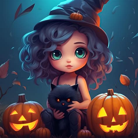 Premium AI Image | A cartoon illustration of a witch and a cat with pumpkins in the background