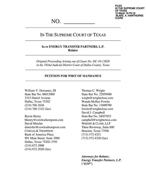 Fillable Online Supreme Courts State Tx Petition For Writ Of Mandamus