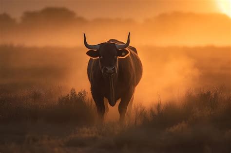 Toro En Estado Salvaje Paisaje Con Puesta De Sol O Amanecer Red