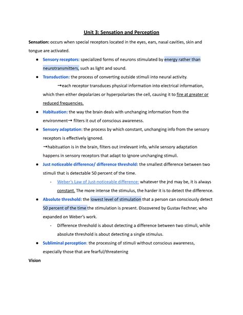 Ap Psychology Unit Sensation And Perception Study Guide Unit