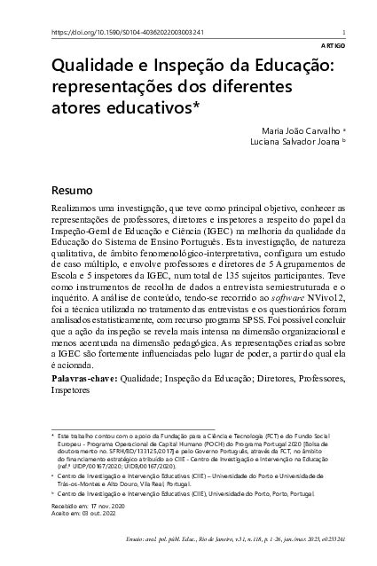 Pdf Qualidade E Inspeção Da Educação Representações Dos Diferentes Atores Educativos