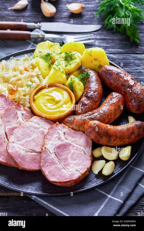 Schlachtplatte Fried Bratwurst Smoked Pork Neck Boiled Potatoes