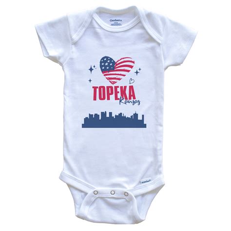 Topeka Kansas Skyline American Flag Heart 4th of July Baby Bodysuit