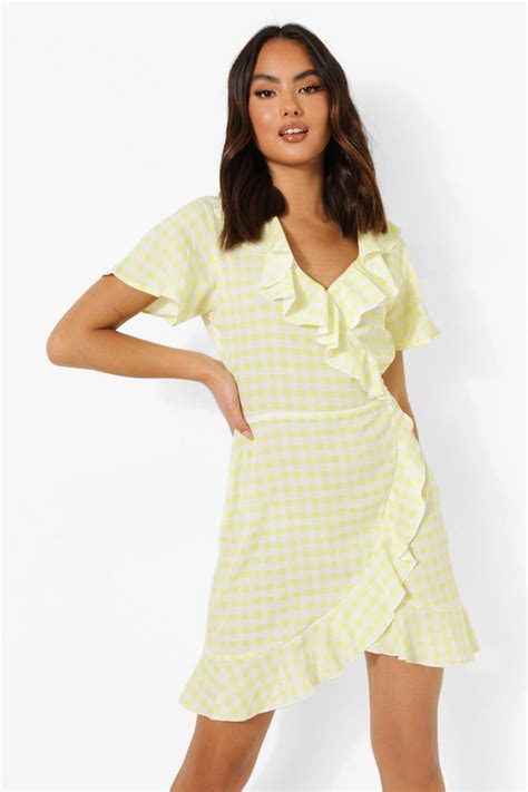 Womens Woven Gingham Print Ruffle Tea Dress Boohoo Uk